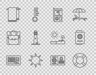 Poster - set line passport with visa stamp, lifebuoy, travel brochure, sun, towel on hanger, lighthouse, and 