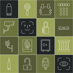 Wall Mural - Set line Eye scan, Prison window, Flasher siren, Bulletproof vest, Face recognition, Security camera, and Safe combination lock icon. Vector