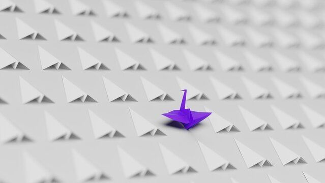 Origami of purple crane and many airplanes on white board under white lighting background. Concept 3D CG of Japanese traditional culture, wish for world peace and legendary president.