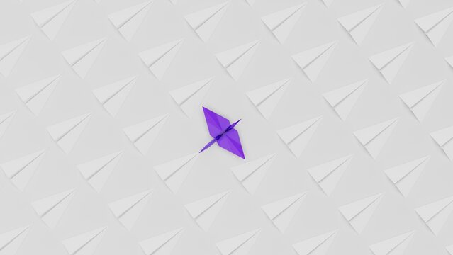Origami of purple crane and many airplanes on white board under white lighting background. Concept 3D CG of Japanese traditional culture, wish for world peace and legendary president.