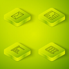 Poster - Set Isometric line Graph chart infographic, Office desk, Archive papers drawer and Mail and e-mail icon. Vector