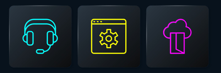 Poster - Set line Headphones, Cloud database and Browser setting. Black square button. Vector