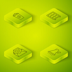 Poster - Set Isometric line Archive papers drawer, Mail and e-mail, Megaphone and Coffee cup to go icon. Vector