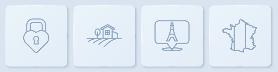 set line castle in the shape of heart, eiffel tower, village landscape and map france. white square 