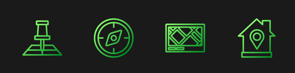 Poster - Set line Gps device with map, Folded location marker, Compass and Location house. Gradient color icons. Vector