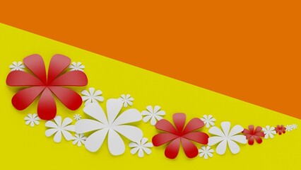 Fototapete - Rainbow color background with red-white paper flowers. Concept image of happy Invitation and reception sign. 3D high quality rendering. 3D illustration. High resolution.
