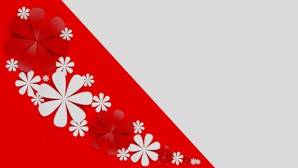 Fototapete - Rainbow color background with red-white paper flowers. Concept image of happy Invitation and reception sign. 3D high quality rendering. 3D illustration. High resolution.