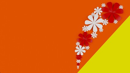 Fototapete - Rainbow color background with red-white paper flowers. Concept image of happy Invitation and reception sign. 3D high quality rendering. 3D illustration. High resolution.