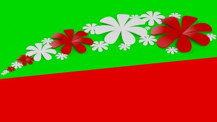 Fototapete - Rainbow color background with red-white paper flowers. Concept image of happy Invitation and reception sign. 3D high quality rendering. 3D illustration. High resolution.