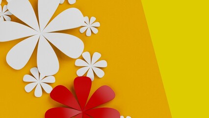 Fototapete - Rainbow color background with red-white paper flowers. Concept image of happy Invitation and reception sign. 3D high quality rendering. 3D illustration. High resolution.