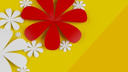 Fototapete - Rainbow color background with red-white paper flowers. Concept image of happy Invitation and reception sign. 3D high quality rendering. 3D illustration. High resolution.