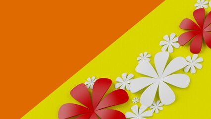 Fototapete - Rainbow color background with red-white paper flowers. Concept image of happy Invitation and reception sign. 3D high quality rendering. 3D illustration. High resolution.