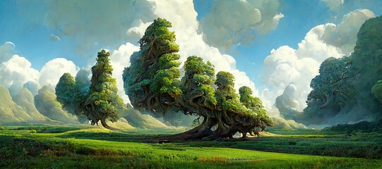 Enchanted forest, surreal dreamscape of majestic ancient oak trees towering high over the mystical woodland landscape and otherworldly clouds. Lush green summer fairytale fantasy art illustration.