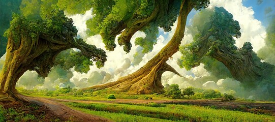 Enchanted forest, surreal dreamscape of majestic ancient oak trees towering high over the mystical woodland landscape and otherworldly clouds. Lush green summer fairytale fantasy art illustration.