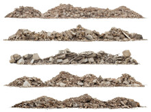 Rubble Heaps, Set Of Piles Of Concrete Debris Isolated On White Background