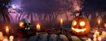 Spooky Background With Scary Pumpkin, Skull And Candles. Halloween Churchyard Tabletop.