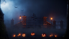 Eerie Halloween Churchyard Gate Illustration With Jack O' Lanterns And Candles.