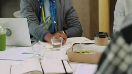 Poster - Advertising business team in a marketing meeting with digital tablet, laptop and notebook in office. Group of staff planning design strategy with graphs, charts and data on technology in workplace
