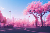 Fototapeta Natura - Cherry blossom sakura in modern city, urban environment background wallpaper