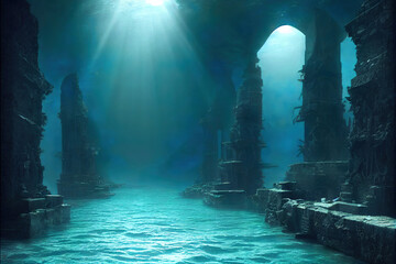 ancient underwater city, ocean scene, atlantis , fantasy background wallpaper