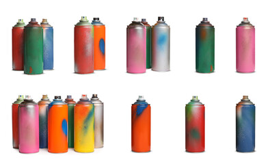 Sticker - Set with used cans of spray paints on white background. Banner design