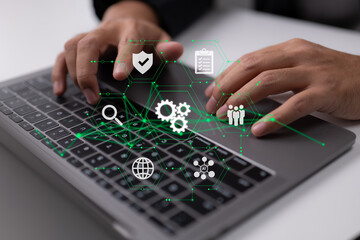 Fototapete - Coding software developers use responsive cybersecurity and augmented reality dashboard computer icons.