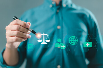 Poster - The button icon for justice healthcare is pressed by a doctor hand. pertaining to healthcare.