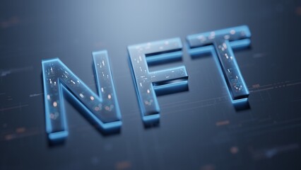 Poster - 3D Rendering of NFT (Non-Fungible-Token) neon glow text on computer mainboard circuit background. Concept of NFT becomes more popular and well known. Product from crypto currency technology