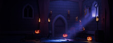 Halloween Jack O' Lanterns With Candles, In A Youthful Medieval Room At Night. Halloween Background With Copy-space.
