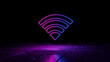 © RocknRoller Studios - Pink and Blue neon light wifi icon. Vibrant colored Wireless technology symbol, on a black background with high tech floor. 3D Render