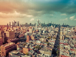 Poster - Wide angle panorama of New York City skyline towards Manhattan Midtown. Aerial view