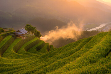 Aerial view of golden rice terraces at Mu cang chai town near Sapa city, north of Vietnam. Beautiful terraced rice field in harvest season in Yen Bai, Vietnam