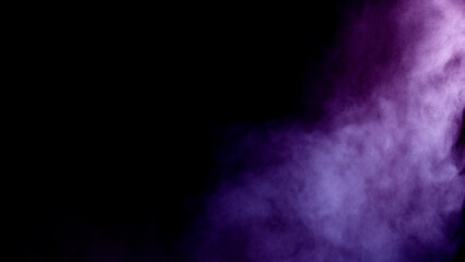 Wall Mural - Scene glowing purple smoke. Atmospheric smoke, abstract color background, close-up. Royalty high-quality free stock of Vibrant colors spectrum. Purple mist or smog moves on black background