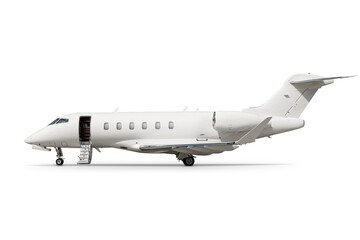 Wall Mural - Modern white business jet with an opened gangway door isolated on transparent background