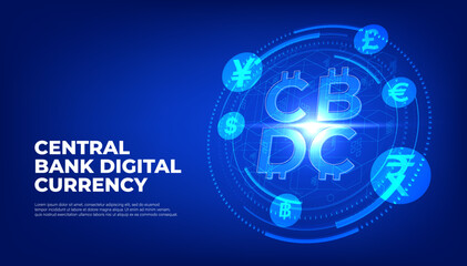 Wall Mural - CBDC futuristic digital money on blue background. Central Bank Digital Currency banner vector.