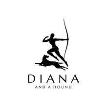 Beauty Silhouette Of Diana Holding A Bow And Arrow With The Hound Dog Statue For Archer Archery Hunting Logo Design