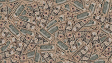 Ten Dollar Bills. Banking Concept Wallpaper With Scattered Money.