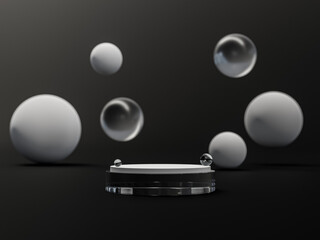 Aufkleber - 3D rendering Abstract minimal scene with geometric forms. black and white cylinder Glass scene.display stand for cosmetic products