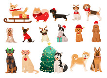 A Set Of Christmas Dogs On A White Background. Cartoon Design.
