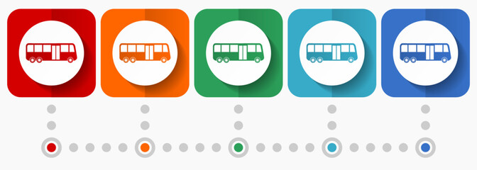 Poster - Bus vector icons, infographic template, set of flat design symbols in 5 color options