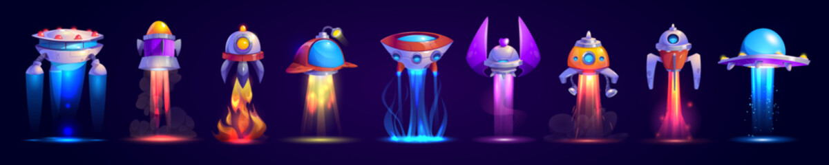 Poster - Alien space ships, cartoon ufo saucers and rockets take off with fire beams. Fantasy bizarre shuttles, game engines graphic design elements, funny cosmic spaceships, Isolated vector illustration set
