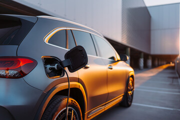 close-up of electric car charging, ecology transportation conept.