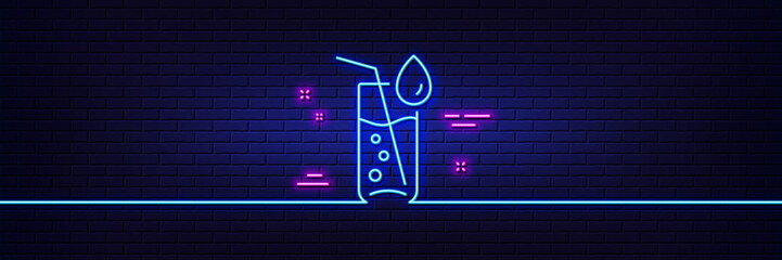 Wall Mural - Neon light glow effect. Water glass line icon. Soda aqua drink sign. Drop symbol. 3d line neon glow icon. Brick wall banner. Water glass outline. Vector