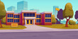 Modern school building in big city. Cartoon vector illustration of educational institution surrounded by clean territory with green lawn, tall trees and flagpole. Blue sky and cityscape background