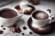 Mugs of hot chocolate or cocoa, food photography, photorealistic illustration