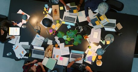 Aufkleber - Top view, portfolio and digital marketing project meeting with manager giving out business documents to workers. Team of creative employees planning an seo strategy, branding and logo advertising