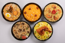 Kachchi Biriyani, Chicken Biriyani, Prawn Biriyani, Dhaka Style Biriyani, Plain Polau Cooked By Aromatic Rice Or Chinigura Rice Isolated On White Background.