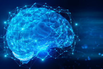 Aufkleber - AI and machine learning concept with bright blue digital human brain side view with convolutions and glowing net made by lines on abstract dark background. 3D rendering