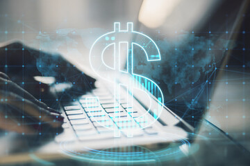 Aufkleber - Close up of female hands using laptop with glowing dollar and map hologram on blurry background. Money, currency, trade, online banking and app concept. Double exposure.