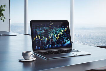 Poster - workplace with creative forex chart with candlestick graph, index and tech hologram on laptop screen, coffee cup on office background with window and blurry city view. 